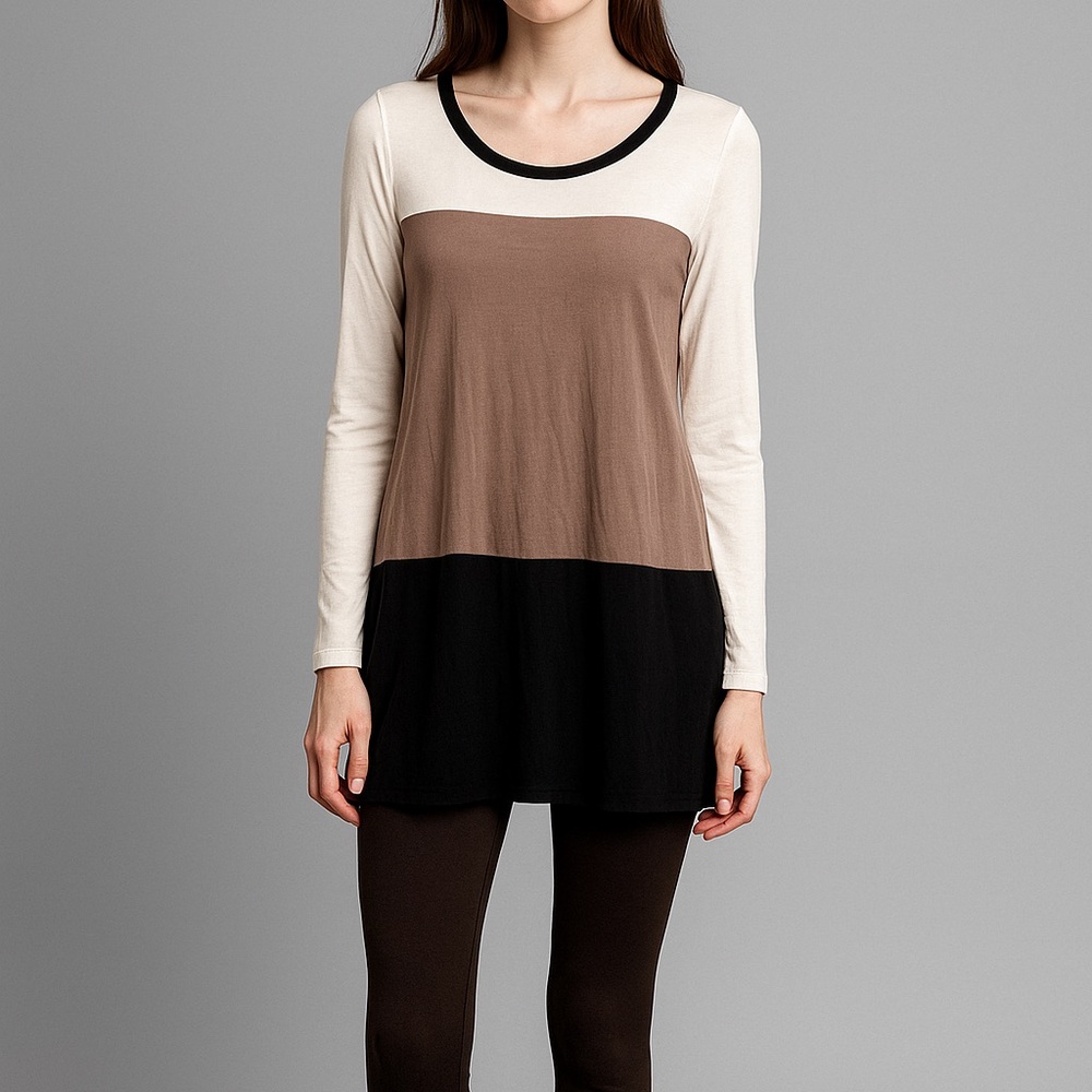 Elegant Colorblock Tunic - Cream, Brown, Black